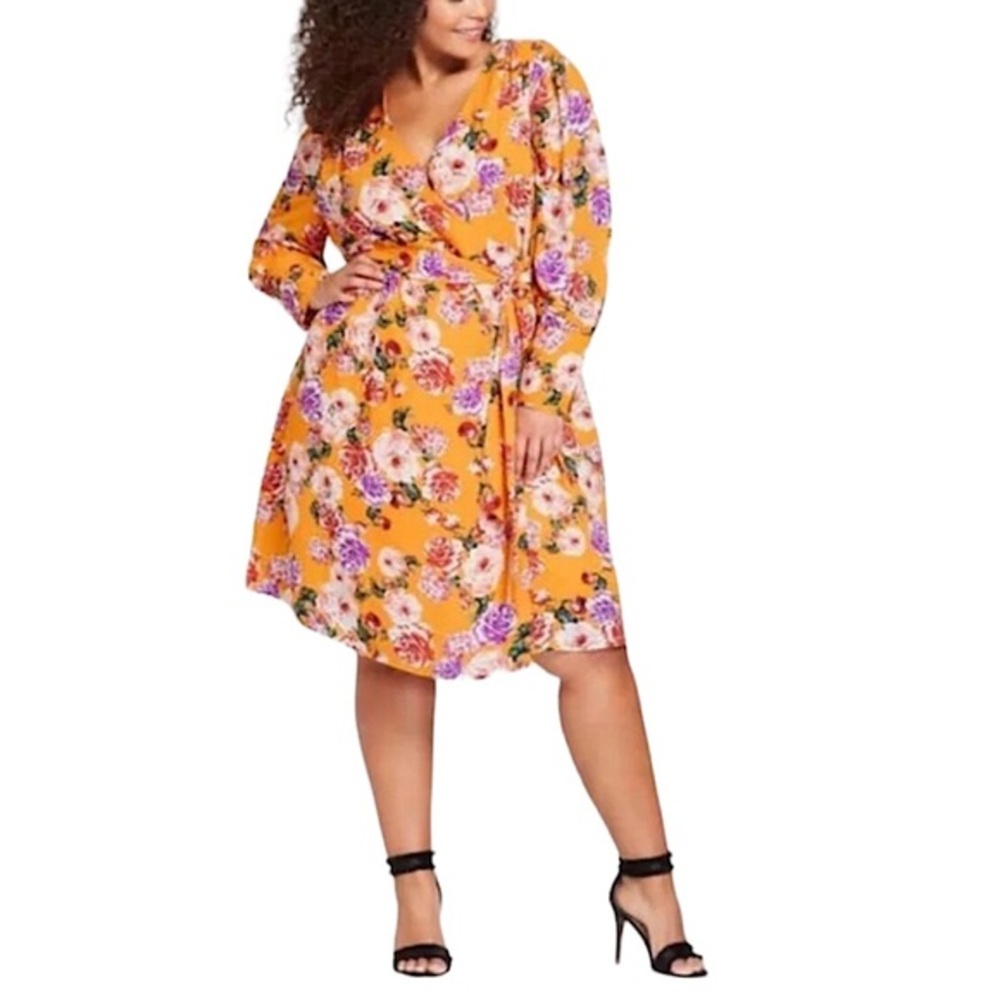 Who What Wear Polyester Dark Yellow Floral Print Wrap Belted Midi Lined Dress 1X